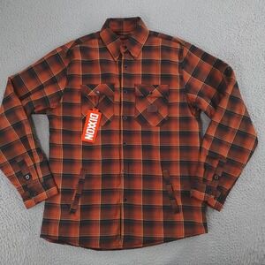 Dixxon Snap-On High Impact Flannel Jacket Mens L Orange Red Plaid Sherpa Lined